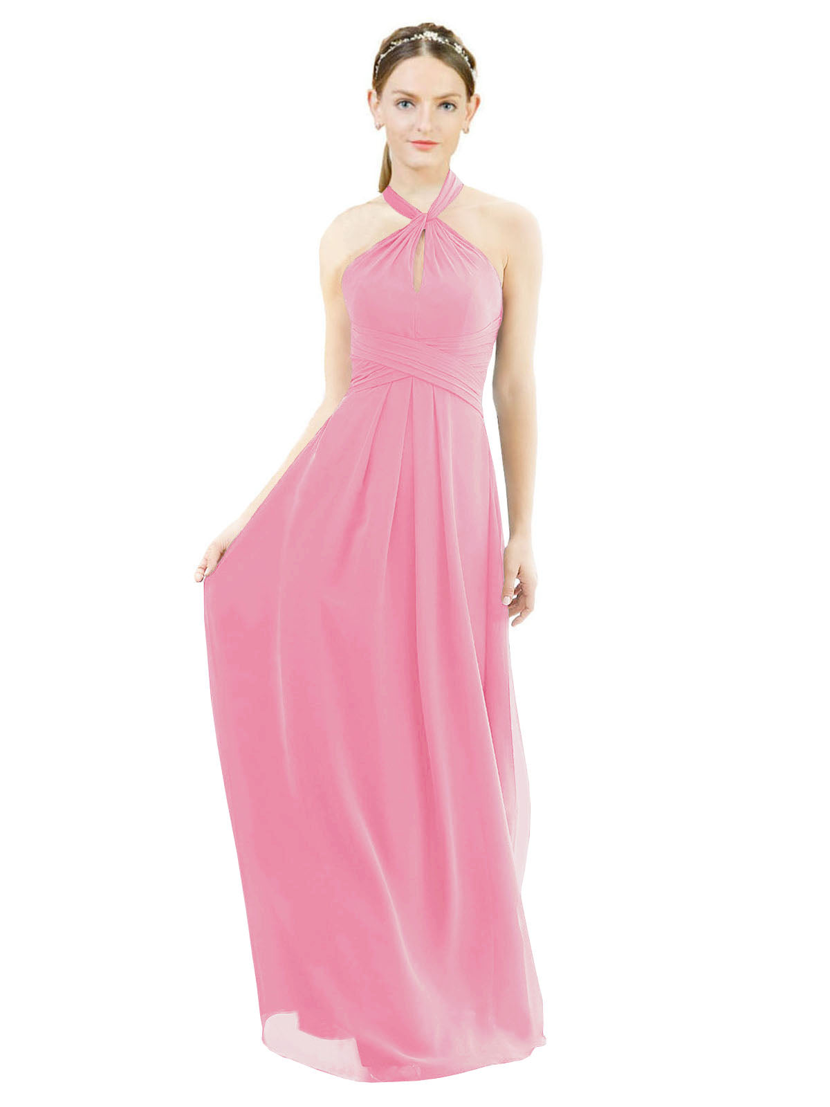 Hot Pink A-Line Halter Sleeveless Long Bridesmaid Dress Milan