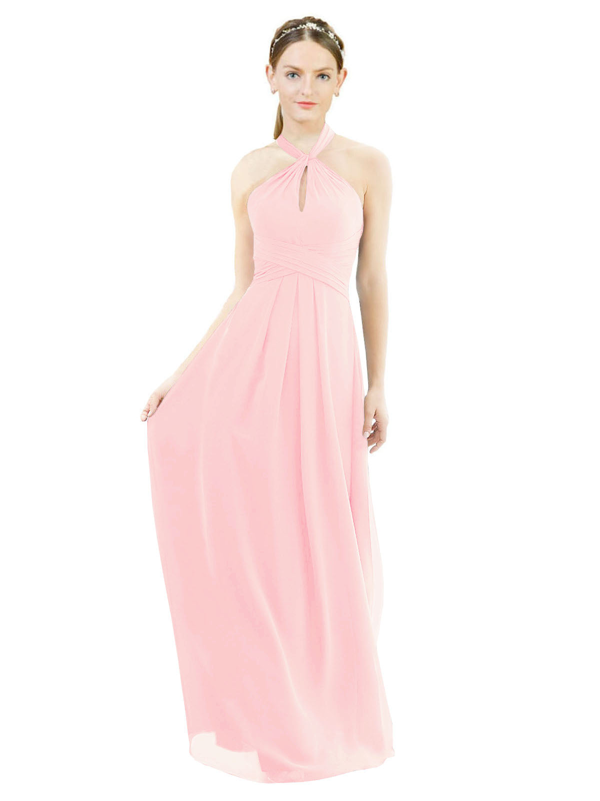 Pink A-Line Halter Sleeveless Long Bridesmaid Dress Milan