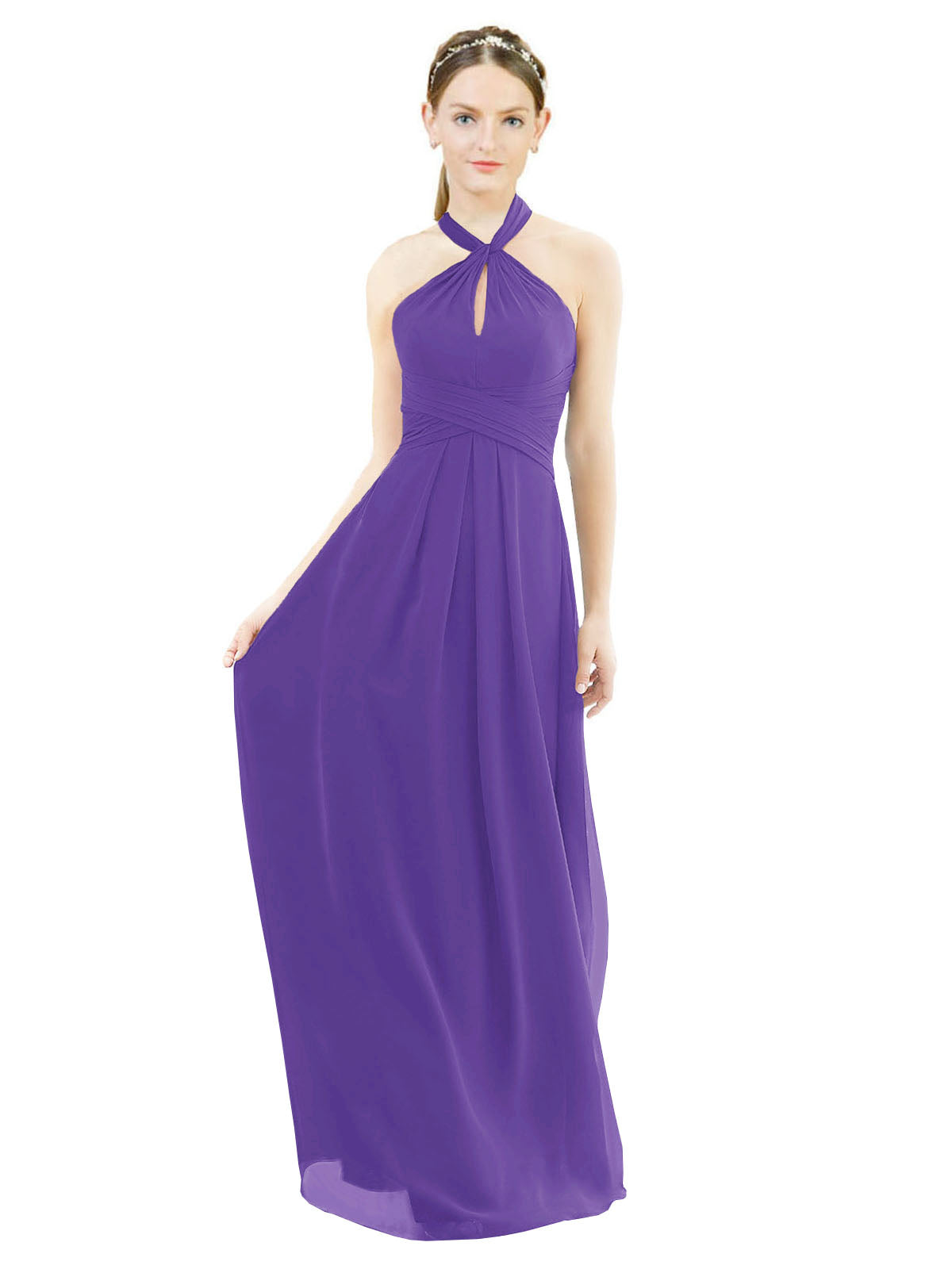 Purple A-Line Halter Sleeveless Long Bridesmaid Dress Milan