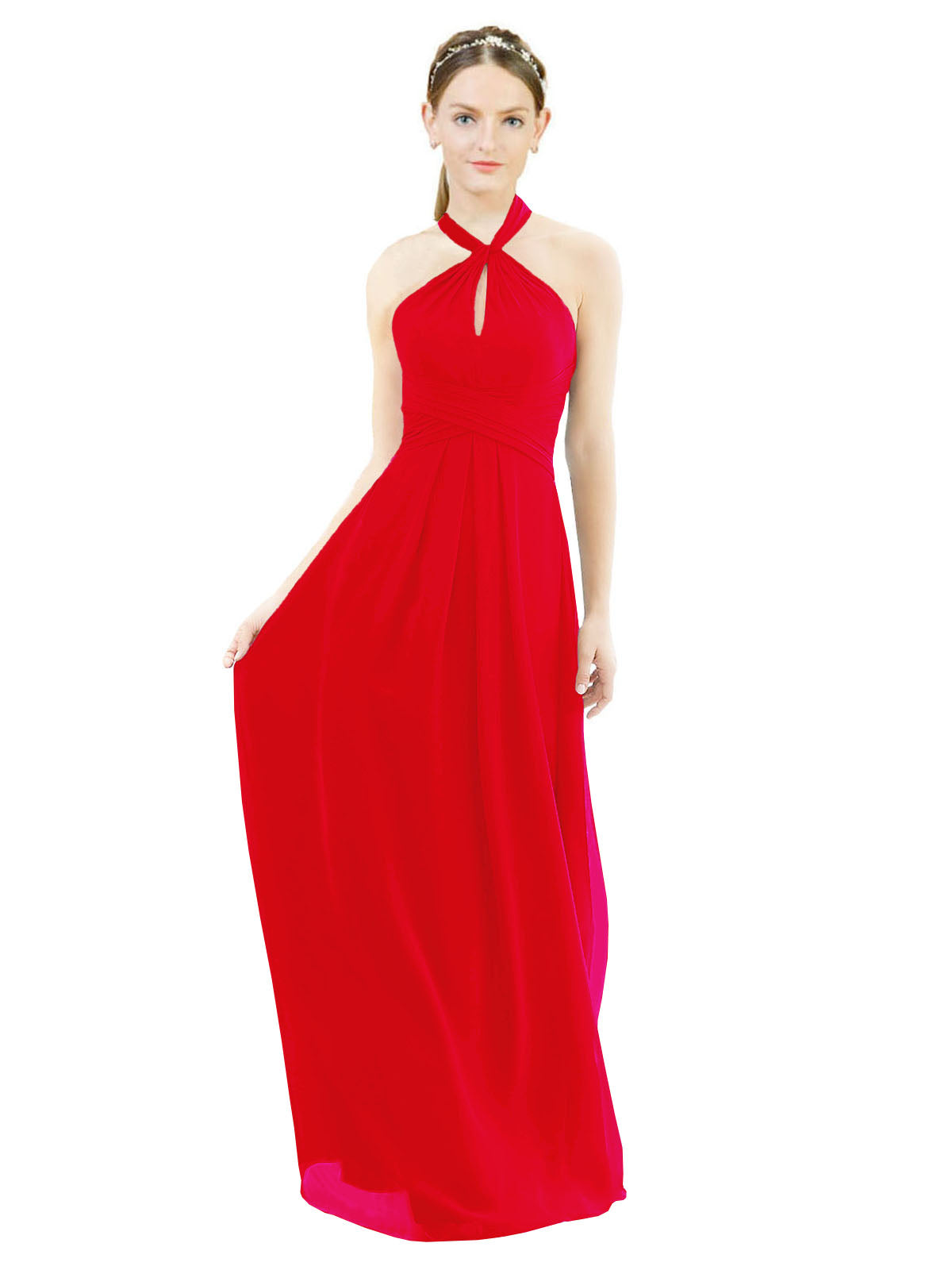Red A-Line Halter Sleeveless Long Bridesmaid Dress Milan