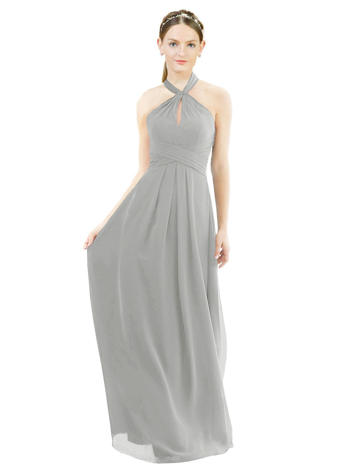 Silver A-Line Halter Sleeveless Long Bridesmaid Dress Milan