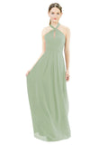 Smoke Green A-Line Halter Sleeveless Long Bridesmaid Dress Milan