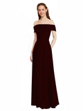Burgundy Gold A-Line Off the Shoulder Cap Sleeves Long Bridesmaid Dress Lina