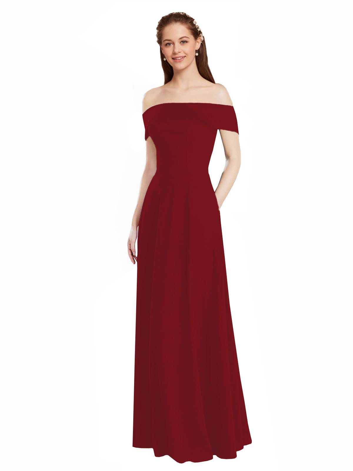 Burgundy A-Line Off the Shoulder Cap Sleeves Long Bridesmaid Dress Lina
