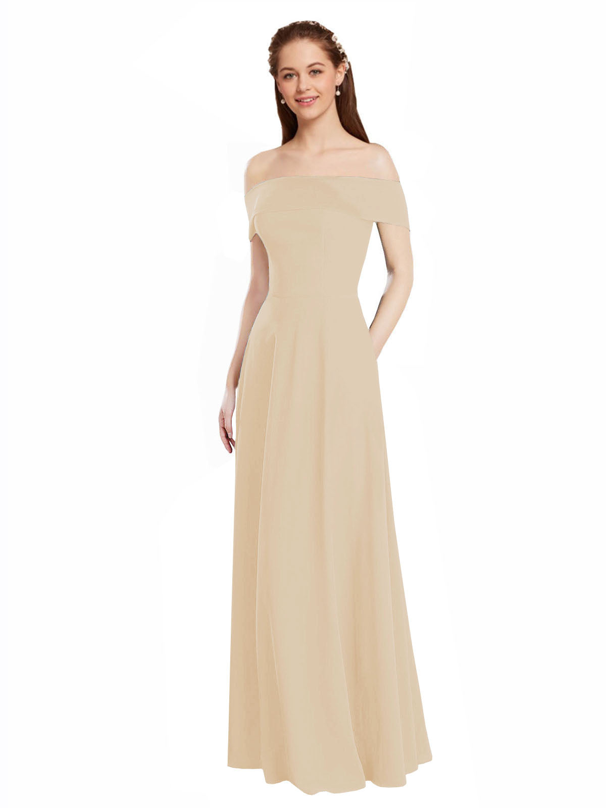 Champagne A-Line Off the Shoulder Cap Sleeves Long Bridesmaid Dress Lina