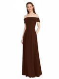 Chocolate A-Line Off the Shoulder Cap Sleeves Long Bridesmaid Dress Lina