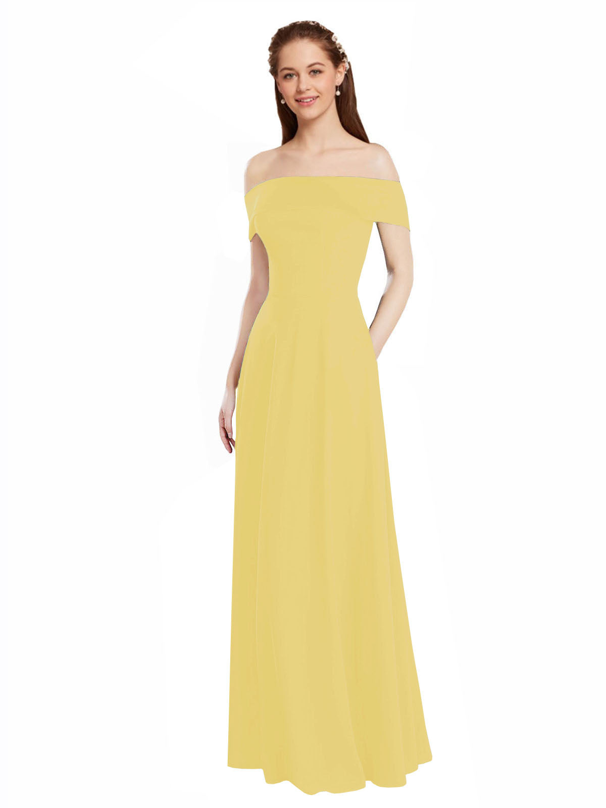 Daffodil A-Line Off the Shoulder Cap Sleeves Long Bridesmaid Dress Lina