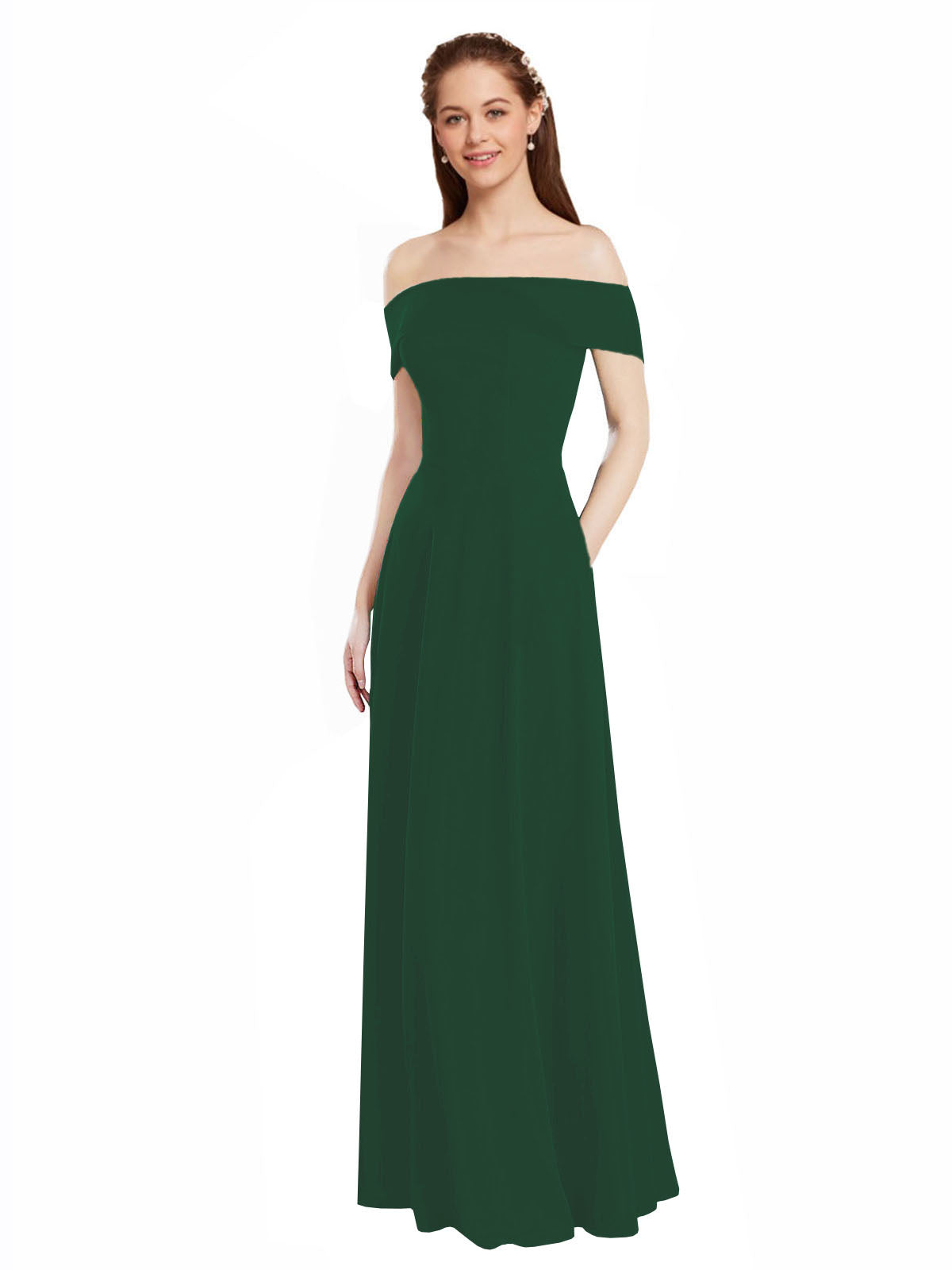 Dark Green A-Line Off the Shoulder Cap Sleeves Long Bridesmaid Dress Lina