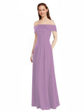 Dark Lavender A-Line Off the Shoulder Cap Sleeves Long Bridesmaid Dress Lina
