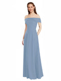 Dusty Blue A-Line Off the Shoulder Cap Sleeves Long Bridesmaid Dress Lina