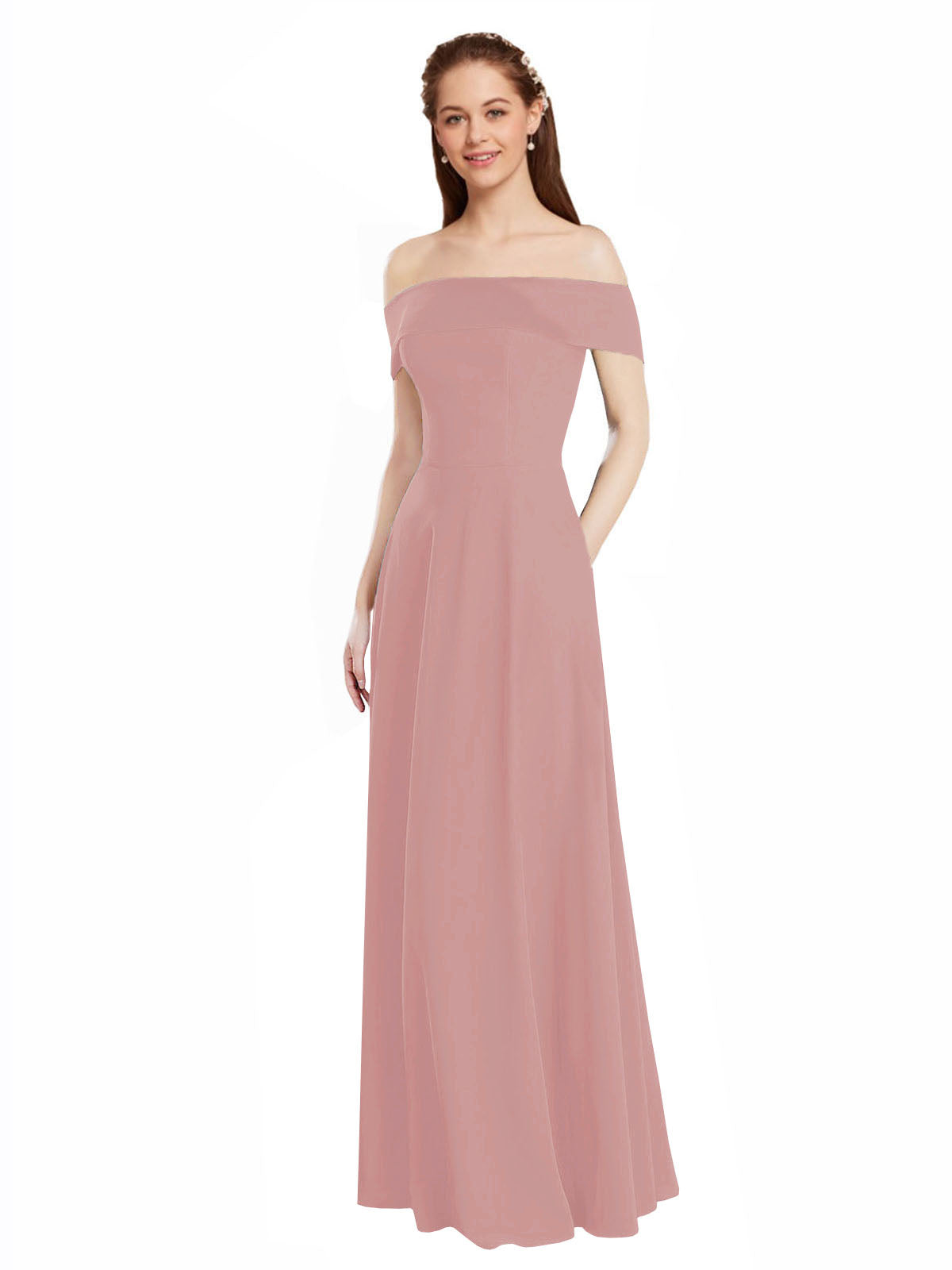 Dusty Pink A-Line Off the Shoulder Cap Sleeves Long Bridesmaid Dress Lina