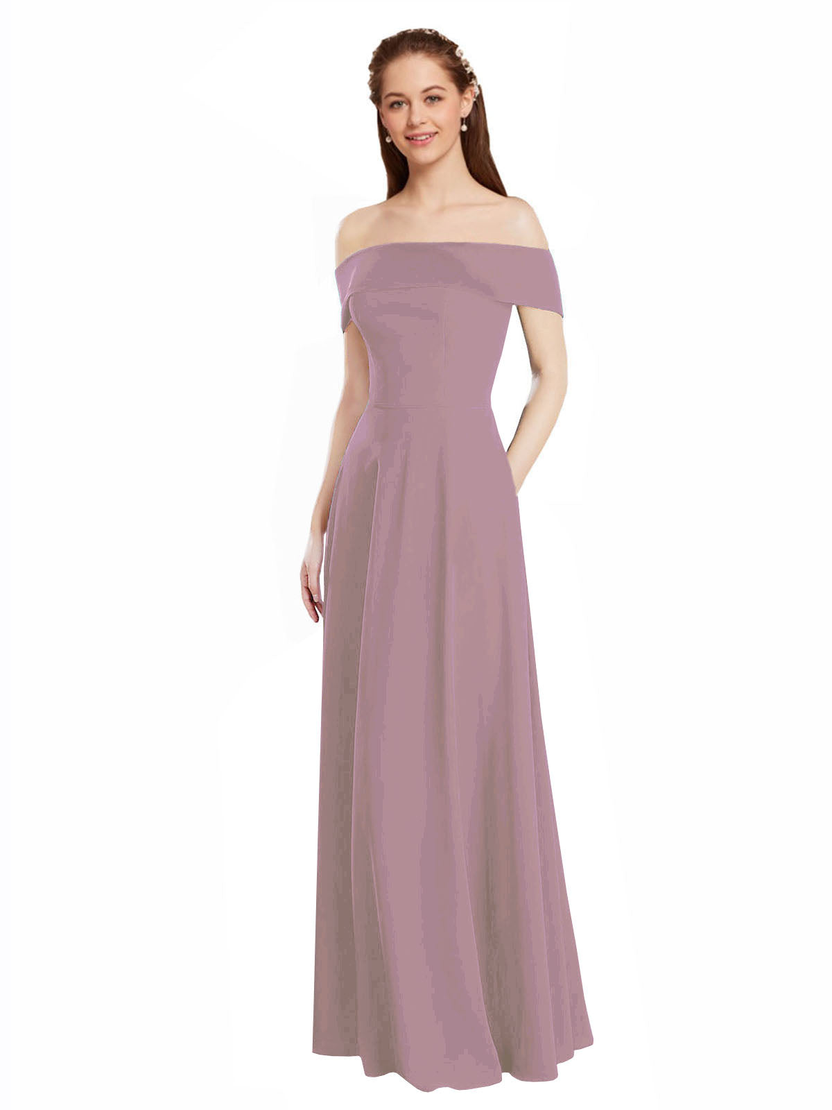 Dusty Rose A-Line Off the Shoulder Cap Sleeves Long Bridesmaid Dress Lina