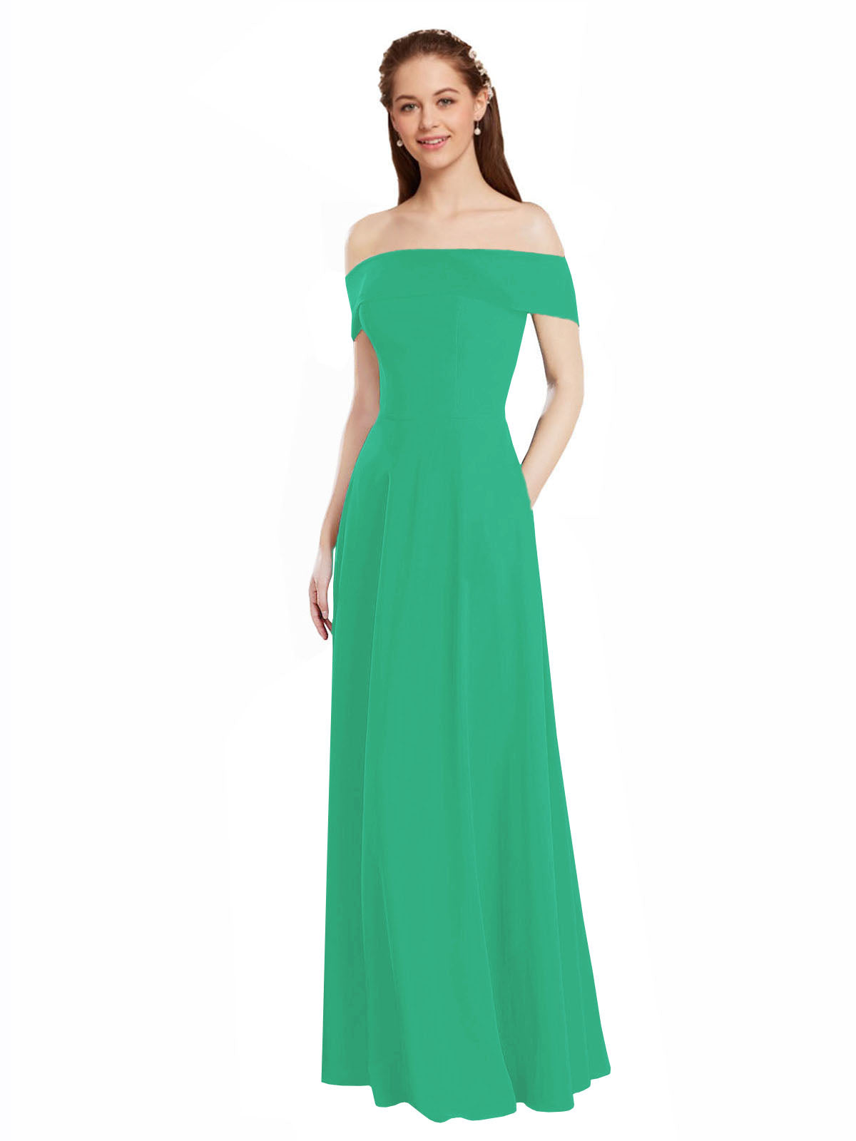 Emerald Green A-Line Off the Shoulder Cap Sleeves Long Bridesmaid Dress Lina