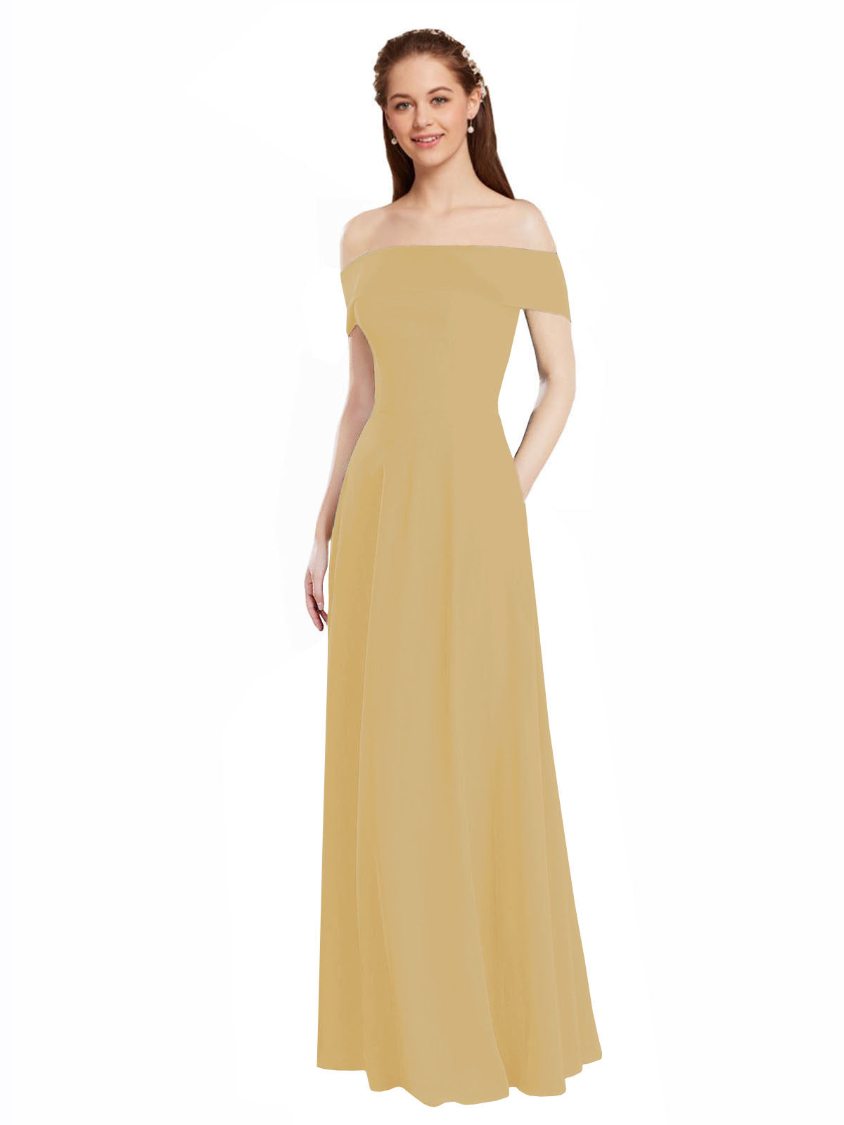 Gold A-Line Off the Shoulder Cap Sleeves Long Bridesmaid Dress Lina