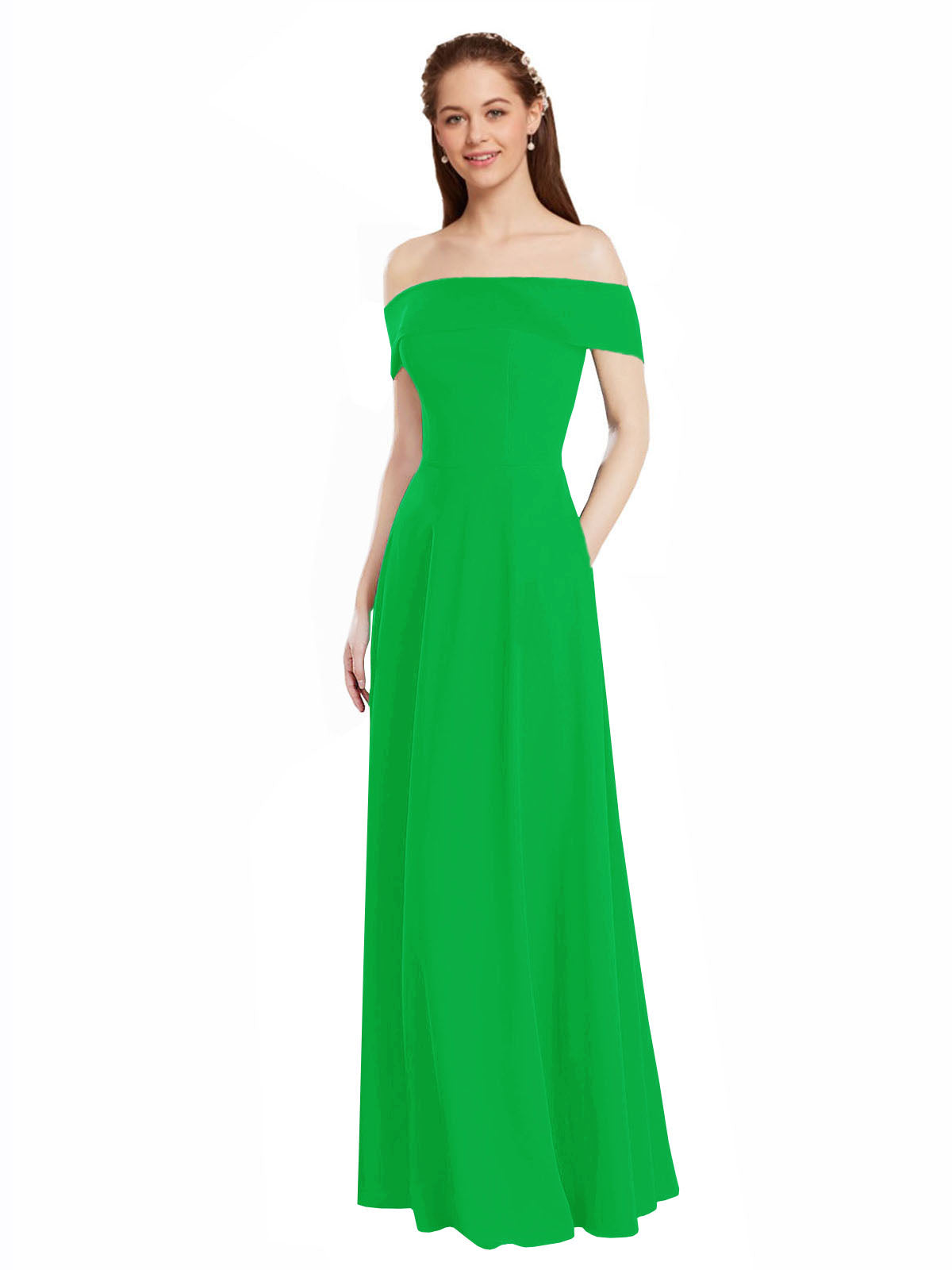Green A-Line Off the Shoulder Cap Sleeves Long Bridesmaid Dress Lina