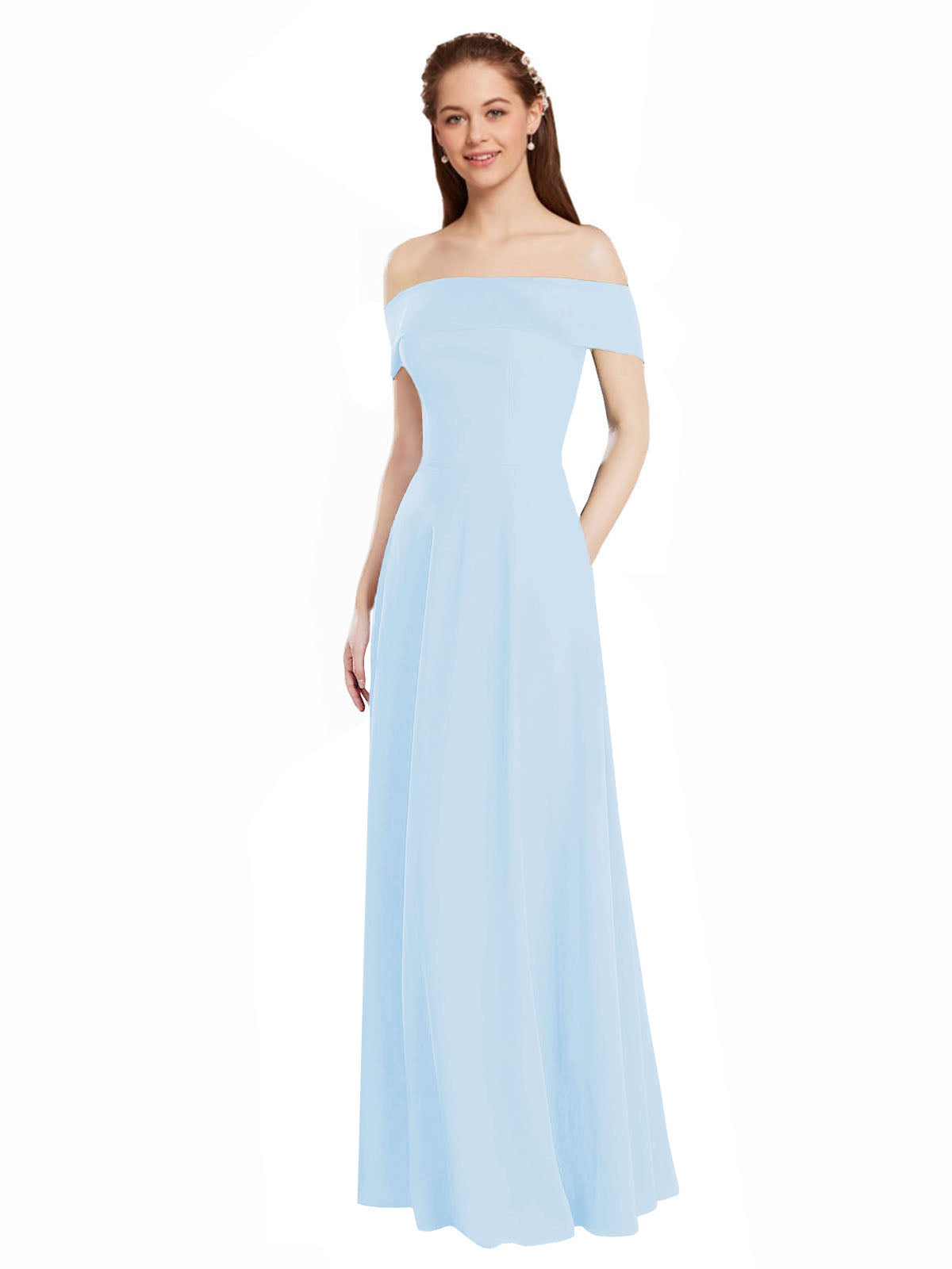 Light Sky Blue A-Line Off the Shoulder Cap Sleeves Long Bridesmaid Dress Lina
