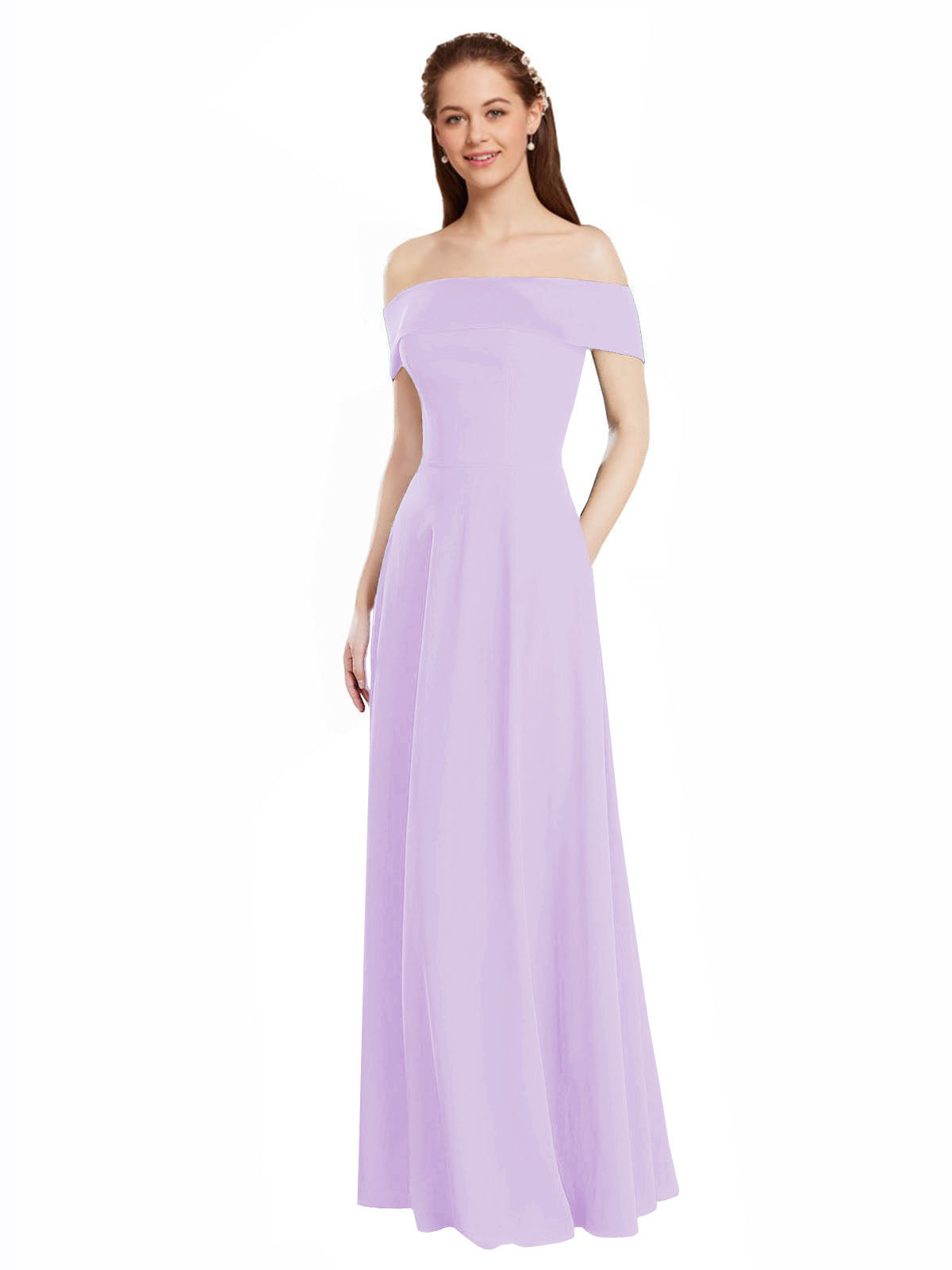 Lilac A-Line Off the Shoulder Cap Sleeves Long Bridesmaid Dress Lina