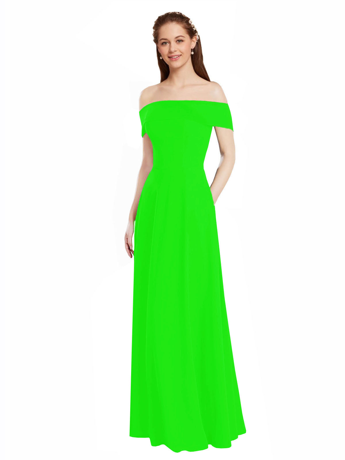 Lime Green A-Line Off the Shoulder Cap Sleeves Long Bridesmaid Dress Lina