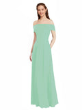 Mint Green A-Line Off the Shoulder Cap Sleeves Long Bridesmaid Dress Lina