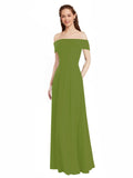Olive Green A-Line Off the Shoulder Cap Sleeves Long Bridesmaid Dress Lina