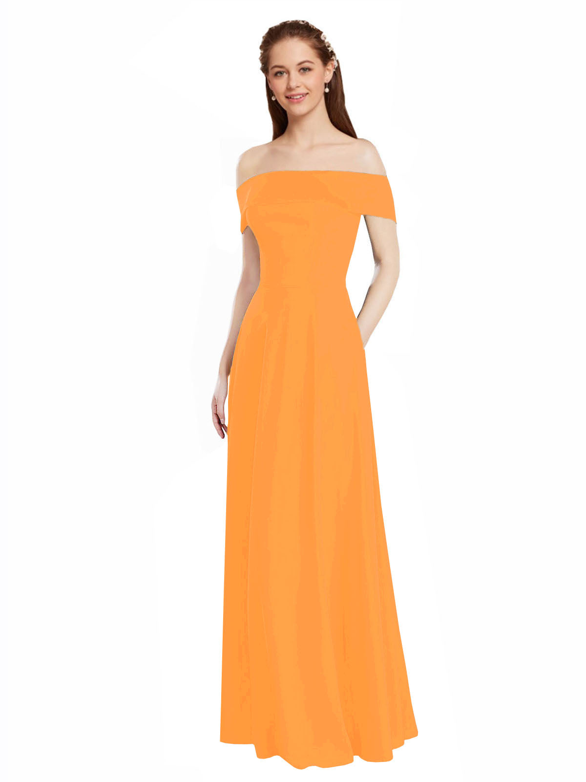 Orange A-Line Off the Shoulder Cap Sleeves Long Bridesmaid Dress Lina