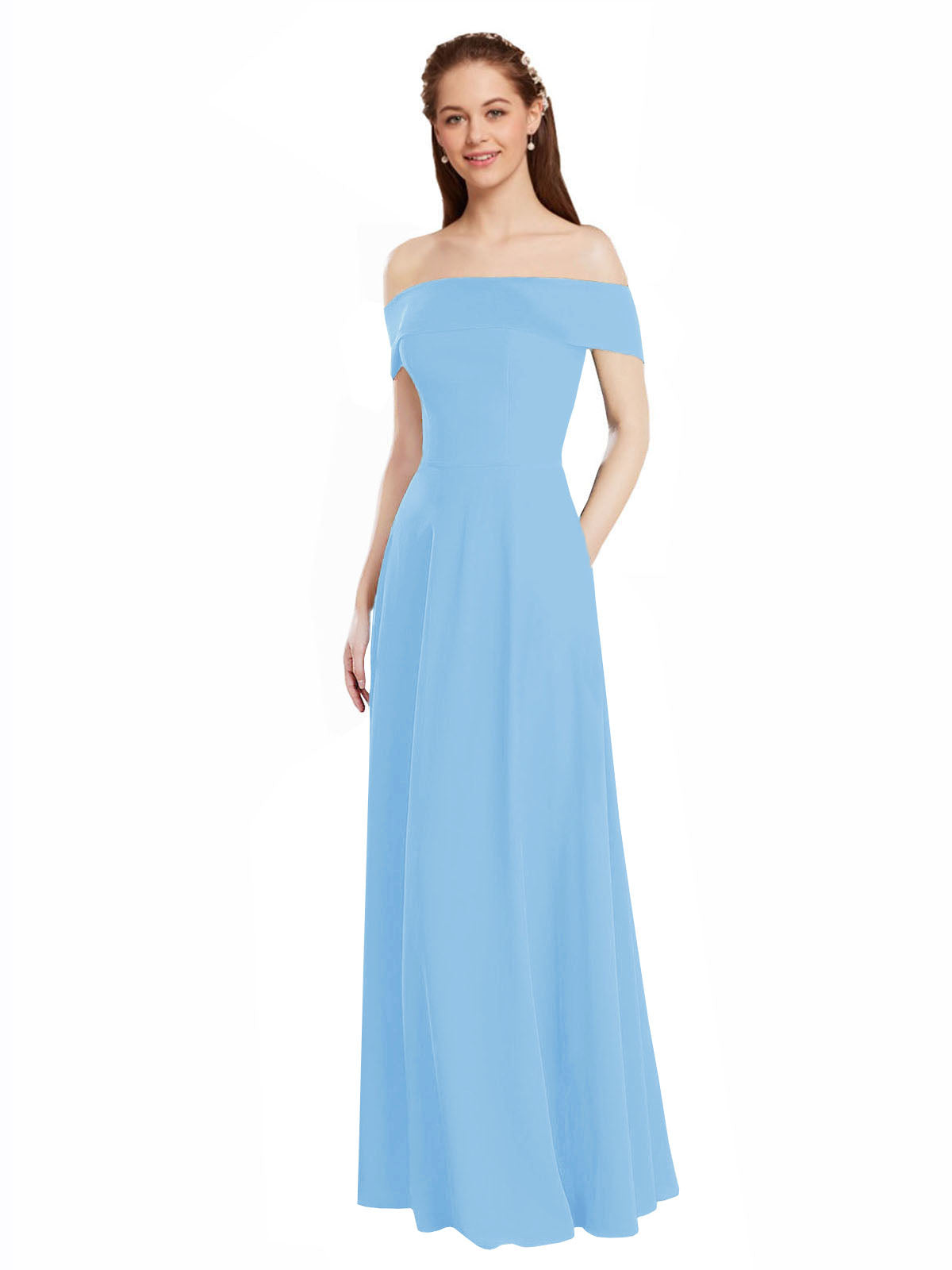 Periwinkle A-Line Off the Shoulder Cap Sleeves Long Bridesmaid Dress Lina