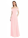 Pink A-Line Off the Shoulder Cap Sleeves Long Bridesmaid Dress Lina