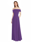 Plum Purple A-Line Off the Shoulder Cap Sleeves Long Bridesmaid Dress Lina