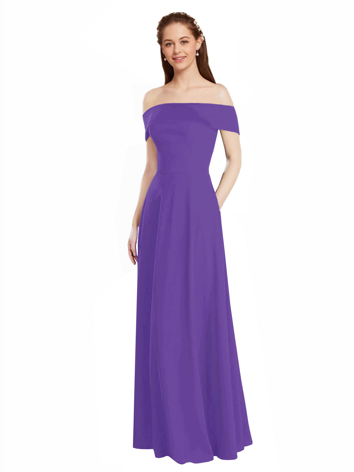Purple A-Line Off the Shoulder Cap Sleeves Long Bridesmaid Dress Lina
