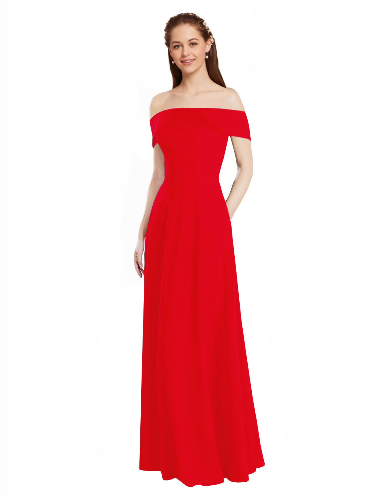 Red A-Line Off the Shoulder Cap Sleeves Long Bridesmaid Dress Lina