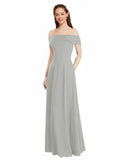 Silver A-Line Off the Shoulder Cap Sleeves Long Bridesmaid Dress Lina