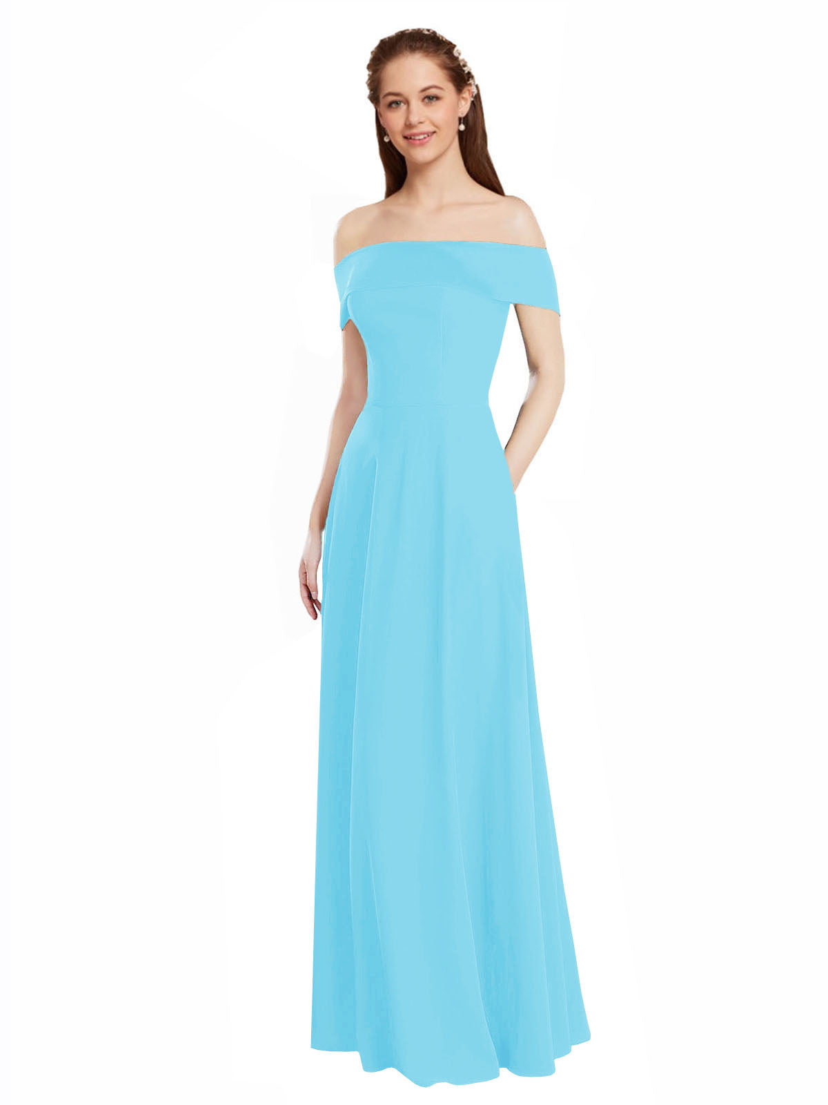 Sky Blue A-Line Off the Shoulder Cap Sleeves Long Bridesmaid Dress Lina