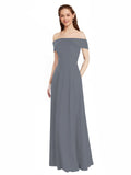 Slate Grey A-Line Off the Shoulder Cap Sleeves Long Bridesmaid Dress Lina