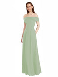 Smoke Green A-Line Off the Shoulder Cap Sleeves Long Bridesmaid Dress Lina