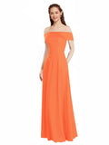 Tangerine Tango A-Line Off the Shoulder Cap Sleeves Long Bridesmaid Dress Lina
