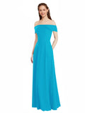 Turquoise A-Line Off the Shoulder Cap Sleeves Long Bridesmaid Dress Lina