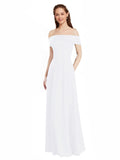 White A-Line Off the Shoulder Cap Sleeves Long Bridesmaid Dress Lina