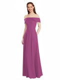 Wild Berry A-Line Off the Shoulder Cap Sleeves Long Bridesmaid Dress Lina