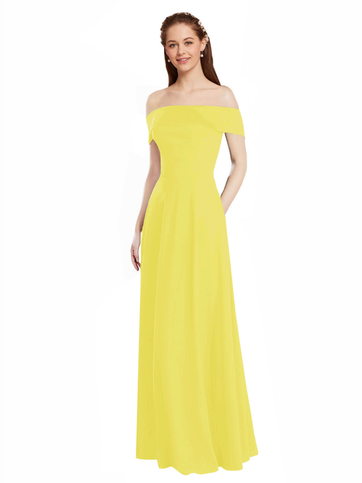 Yellow A-Line Off the Shoulder Cap Sleeves Long Bridesmaid Dress Lina