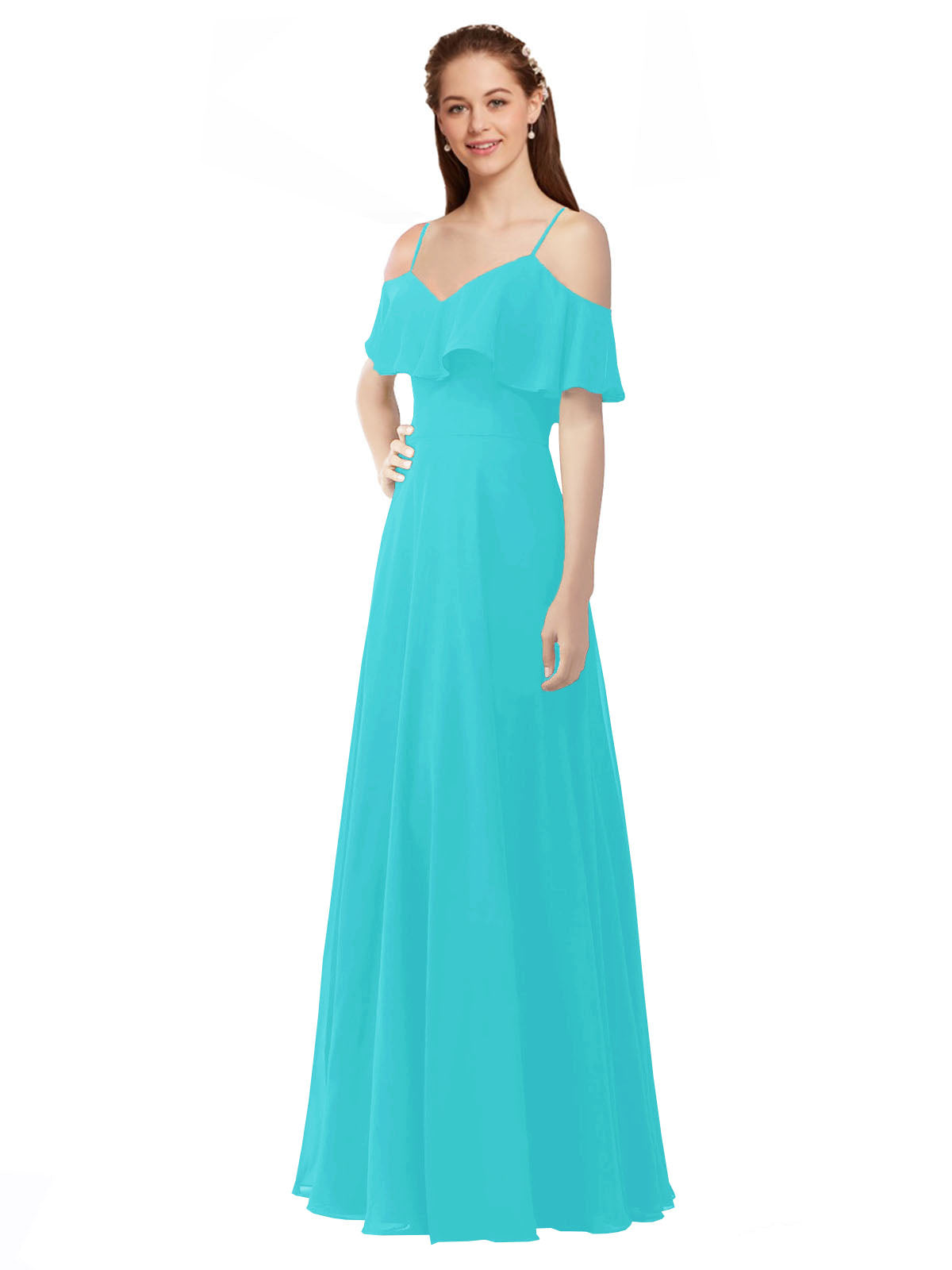 Aqua A-Line Off the Shoulder V-Neck Sleeveless Long Bridesmaid Dress Marianna