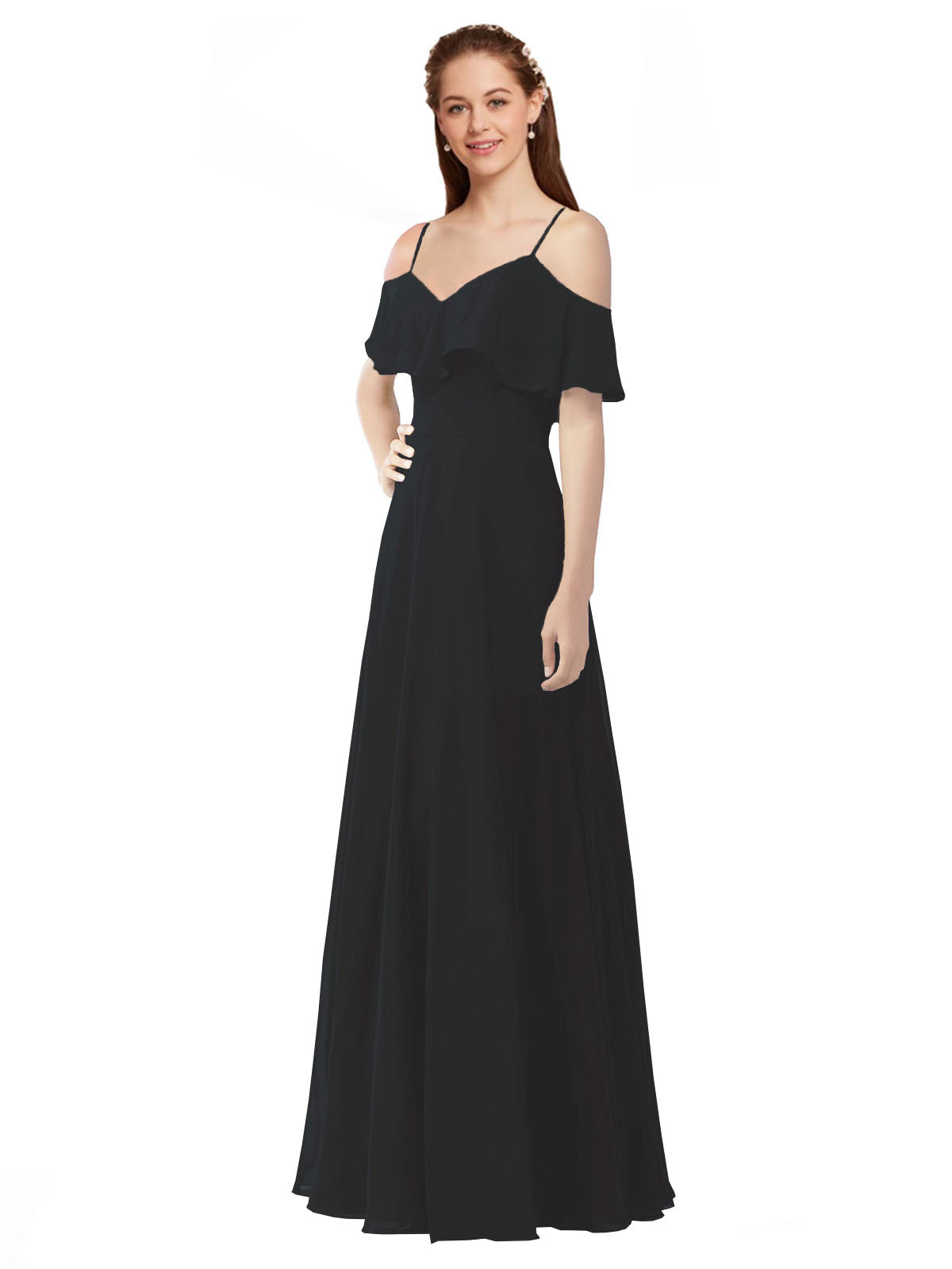 Black A-Line Off the Shoulder V-Neck Sleeveless Long Bridesmaid Dress Marianna