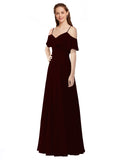 Burgundy Gold A-Line Off the Shoulder V-Neck Sleeveless Long Bridesmaid Dress Marianna