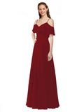 Burgundy A-Line Off the Shoulder V-Neck Sleeveless Long Bridesmaid Dress Marianna