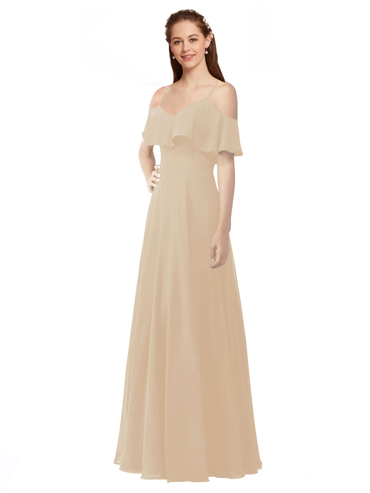Champagne A-Line Off the Shoulder V-Neck Sleeveless Long Bridesmaid Dress Marianna