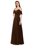 Chocolate A-Line Off the Shoulder V-Neck Sleeveless Long Bridesmaid Dress Marianna