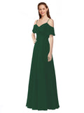 Dark Green A-Line Off the Shoulder V-Neck Sleeveless Long Bridesmaid Dress Marianna