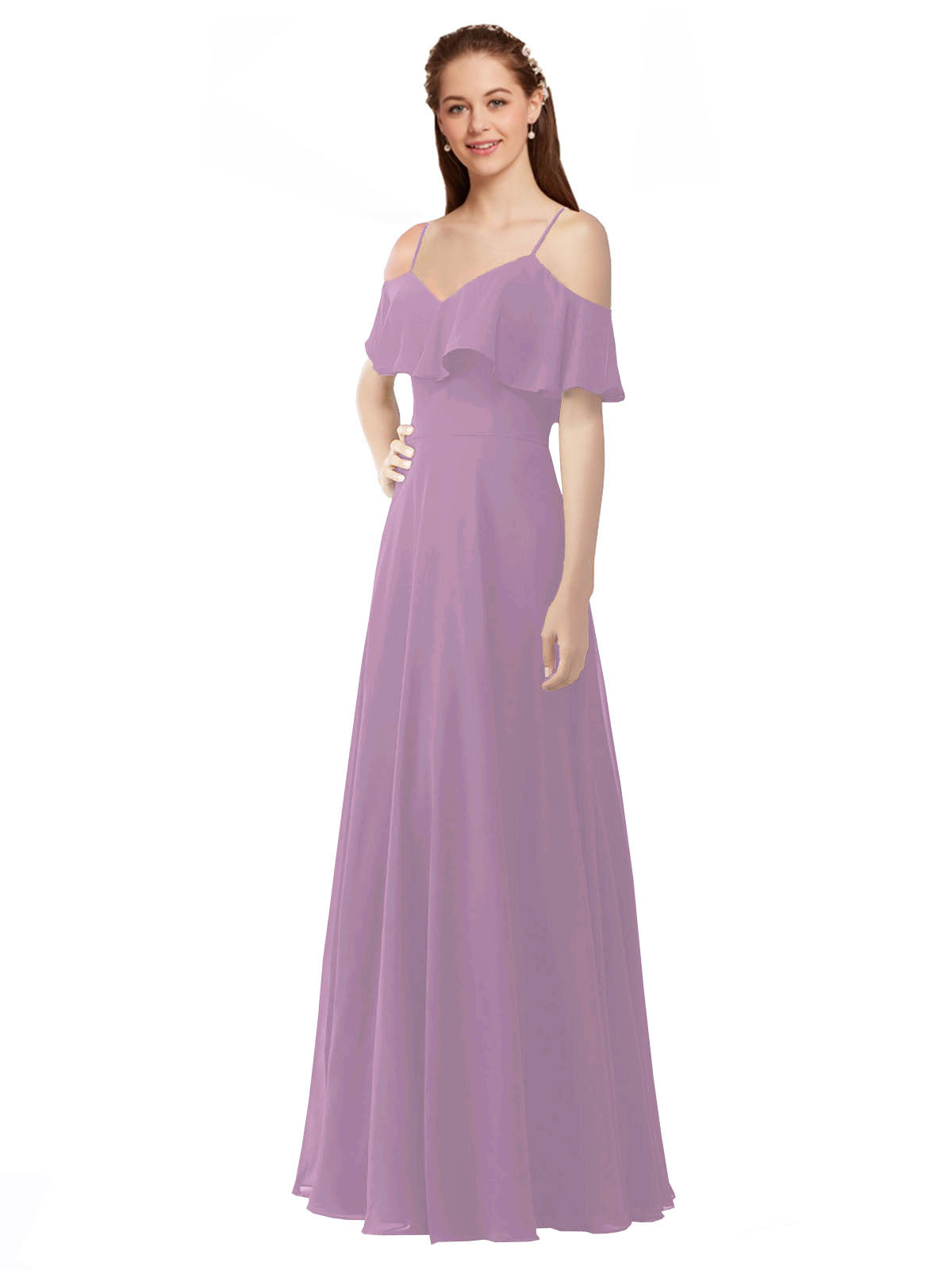Dark Lavender A-Line Off the Shoulder V-Neck Sleeveless Long Bridesmaid Dress Marianna
