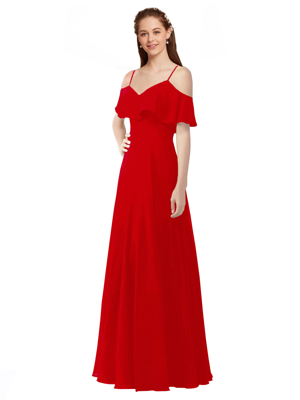 Dark Red A-Line Off the Shoulder V-Neck Sleeveless Long Bridesmaid Dress Marianna