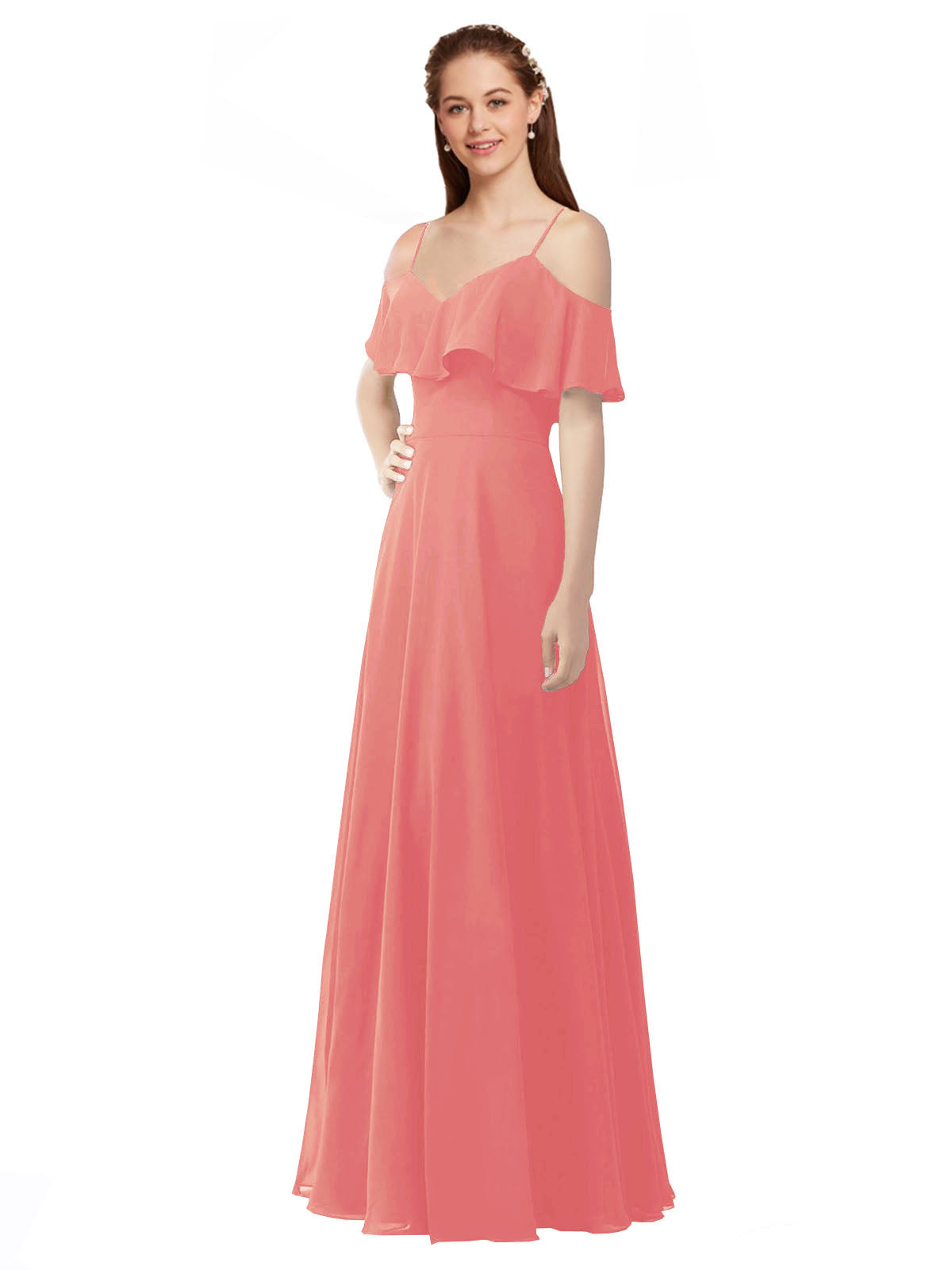 Desert Rose A-Line Off the Shoulder V-Neck Sleeveless Long Bridesmaid Dress Marianna