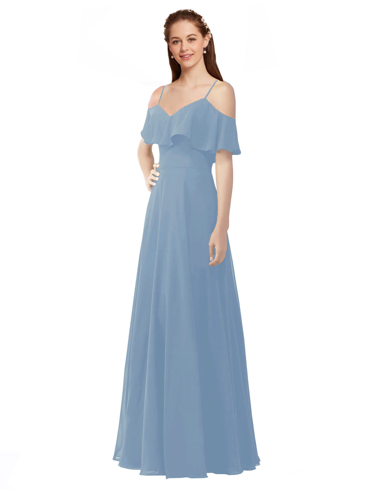 Dusty Blue A-Line Off the Shoulder V-Neck Sleeveless Long Bridesmaid Dress Marianna